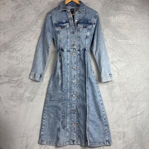 Gap Womens Medium Wash Denim Belted Midi Shirt Dress XS Long Sleeve Y2K Western
